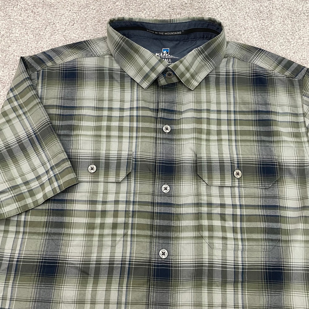 KUHL Mens Small Green Plaid Short Sleeve Button Down Shirt Mountain Hiking Fall